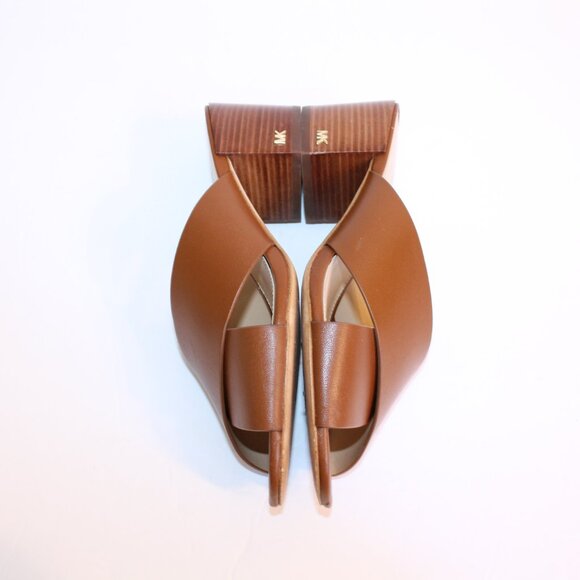 Michael Kors Abbott Tan Leather Cognac Criss Cross Slide Mule Sandal Heel Sz 6 - Picture 12 of 14